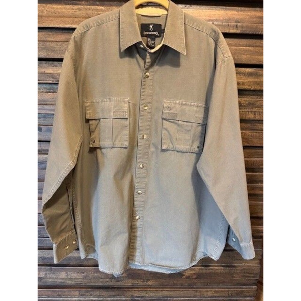 Browning Mens LRG Heavy Cotton Long Sleeve‎ Button Front Hunting Shirt Green EUC